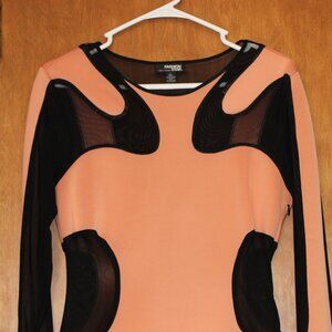 Fashion Star Macy’s Peach Mesh Panel Bodycon Dress Sheer Cutout Long Sleeve Size